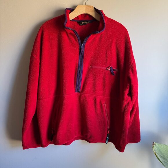 Vintage 90s Eddie Bauer Red Fleece Pullover Size Large - Picture 1 of 12